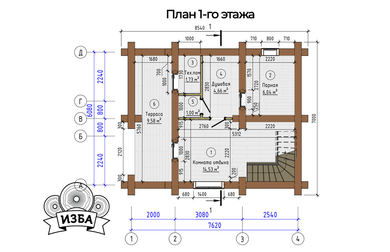 Двухэтажная-баня-из-бревна, план 1-го этажа